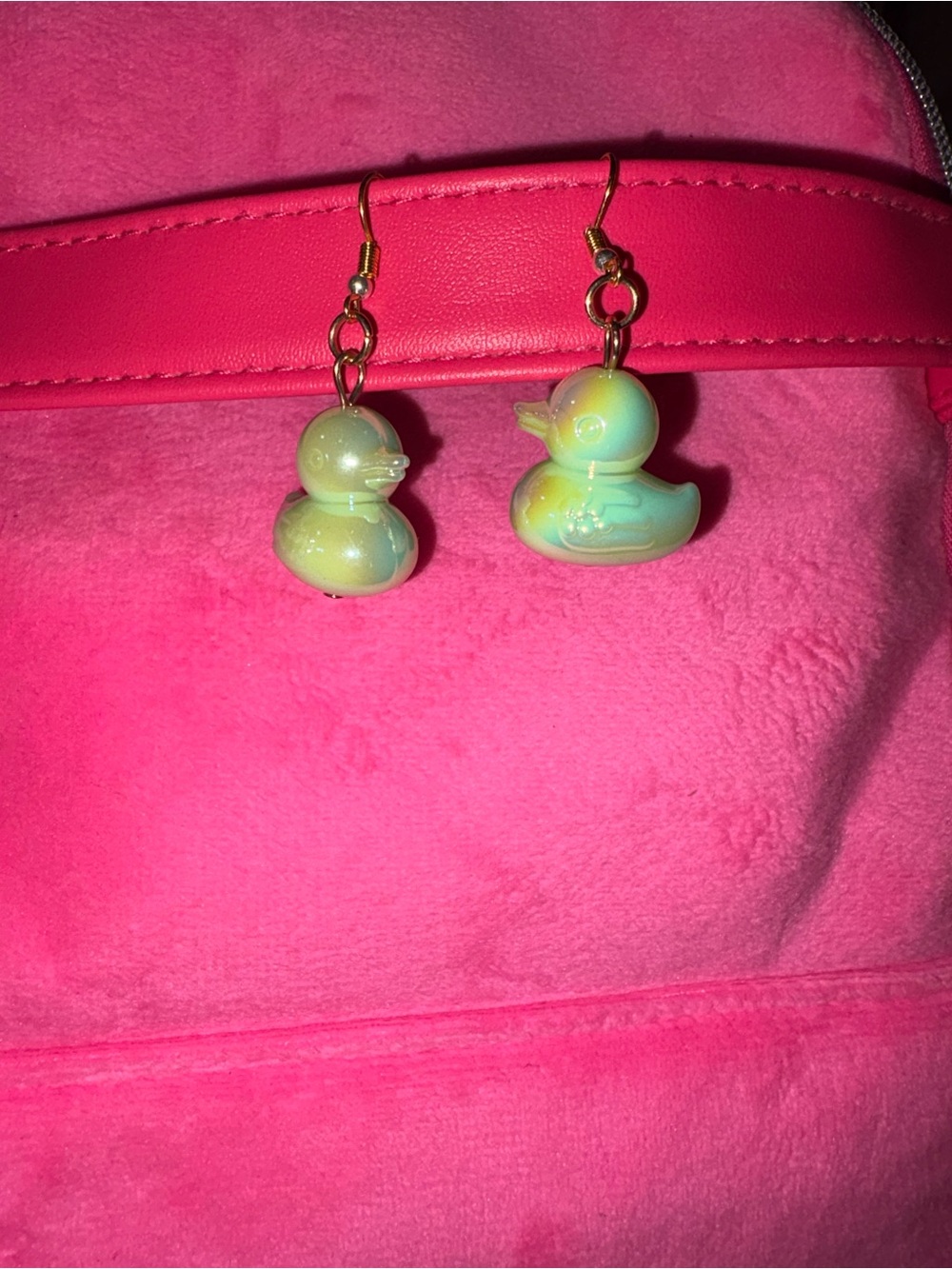 cute hand made rotating  iridescent duck earrings